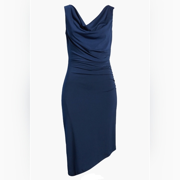 Sam Edelman Cowl Neck Ruched Jersey Midi Dress | Size LARGE Navy Blue - Picture 15 of 15